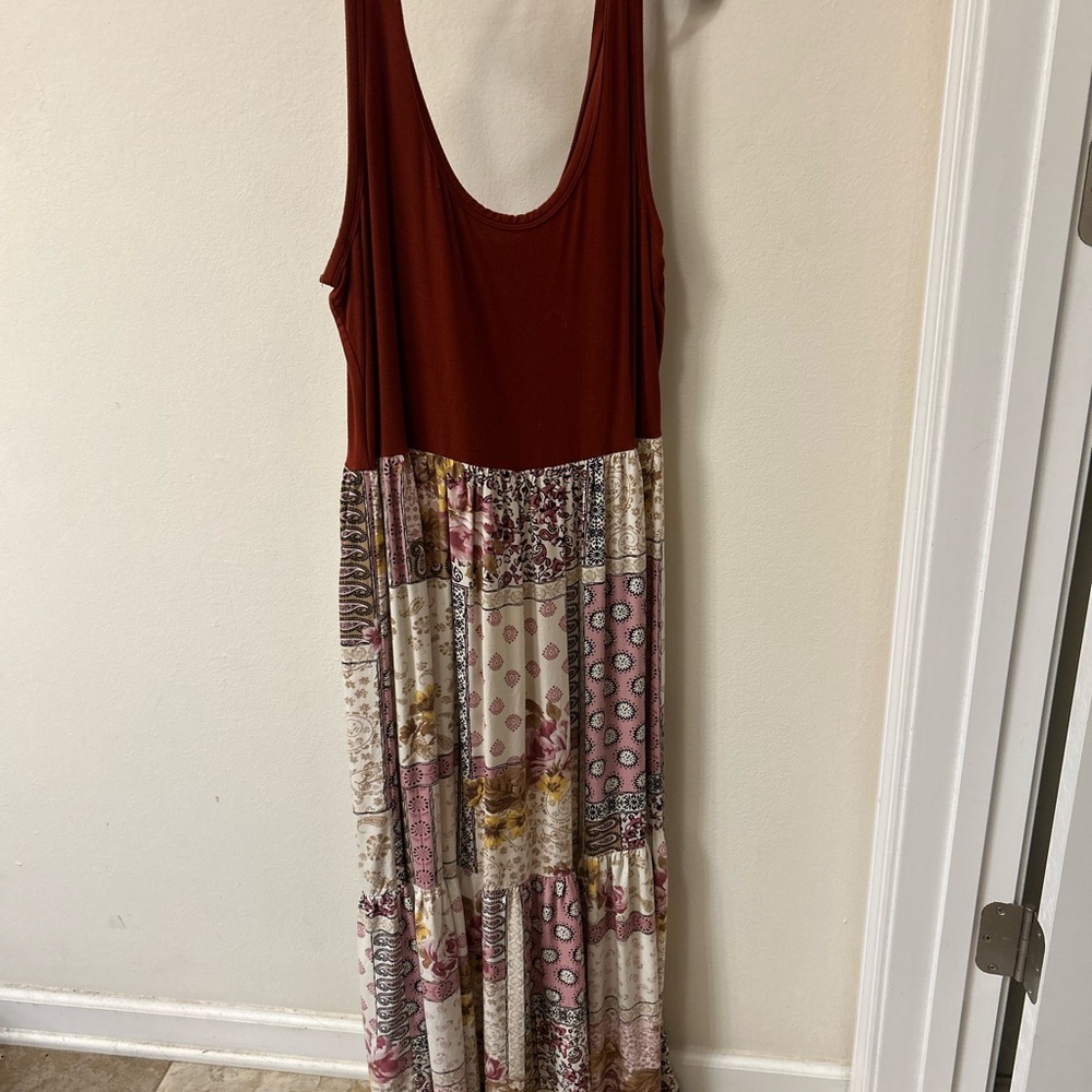 Maurices Boho Patchwork Maxi Dress – Size L – Rust & Floral Tiered Skirt
